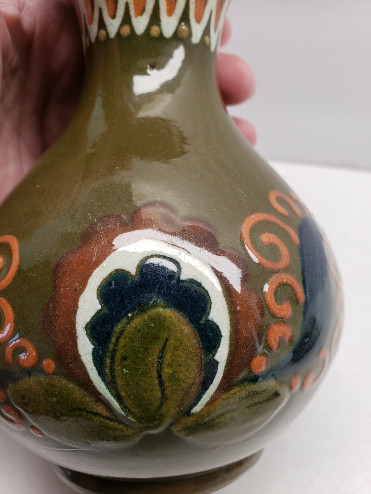 Folk Art Redware Pottery Vase Hand Painted Avocado Floral Design Vtg Boho