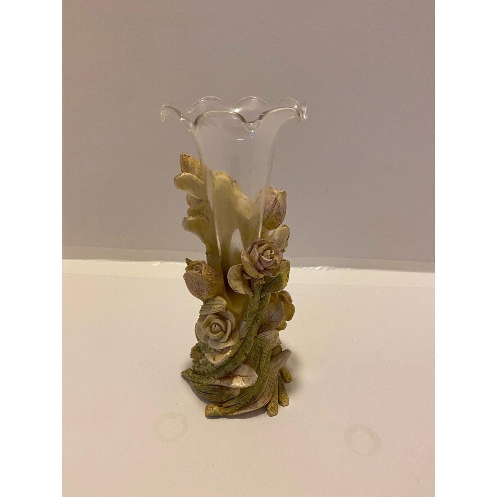 Ceramic and Glass Floral Rose Vase Multicolor Painted Base Vintage