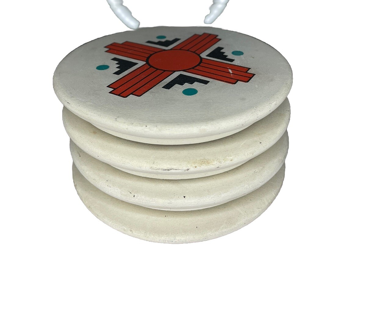 VTG Southwestern Tribal Pottery Coaster Set of 4 White, Orange, Turquoise, Rare