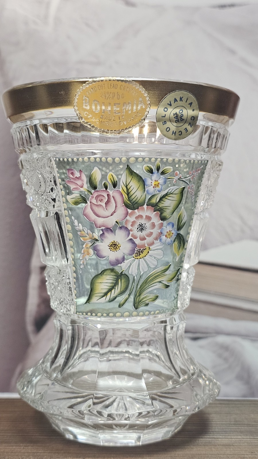 Bohemian Cut Crystal Glass Flowers Gilded Rim Vase 1930’s