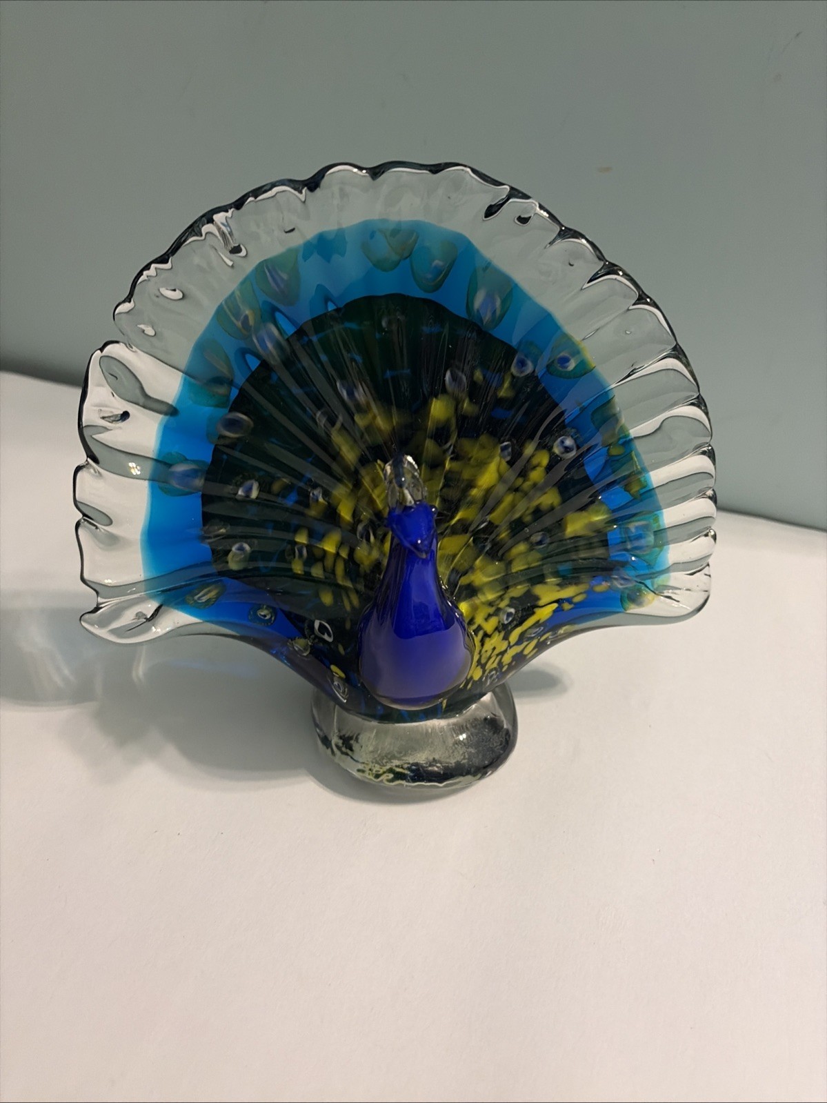Hand Blown Art Glass Peacock Figurine Sculpture Fanned Feathers 7.5″