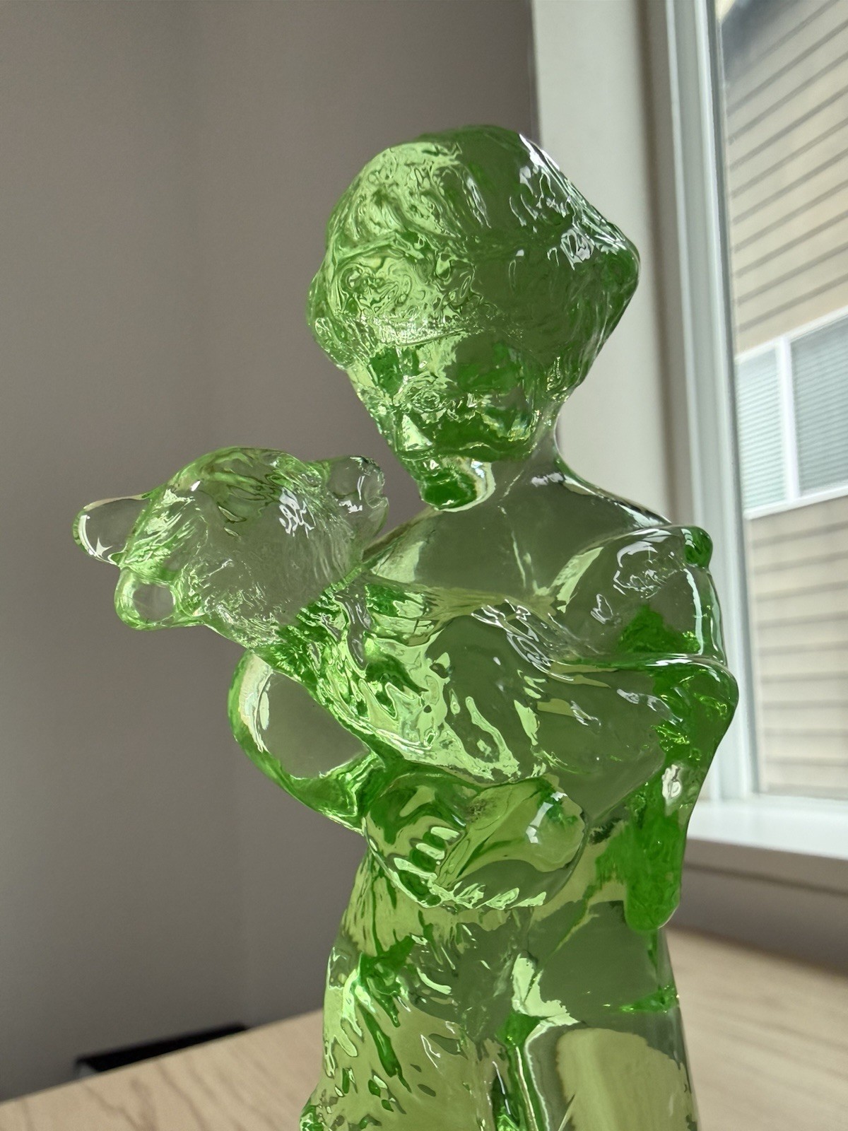 Cambridge Green Uranium Glass – Two Kid Flower Frog Boy & Goat – See Photos/read