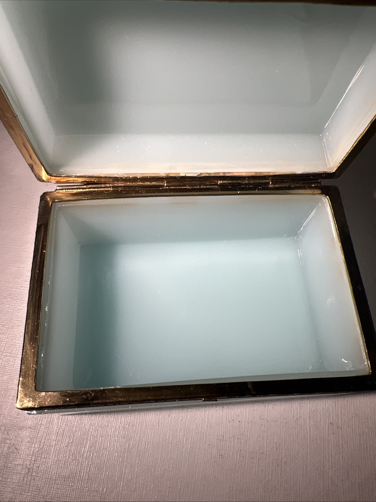 Antique French Opaline Blue Glass Box Hinged Brass Vintage Jewelry