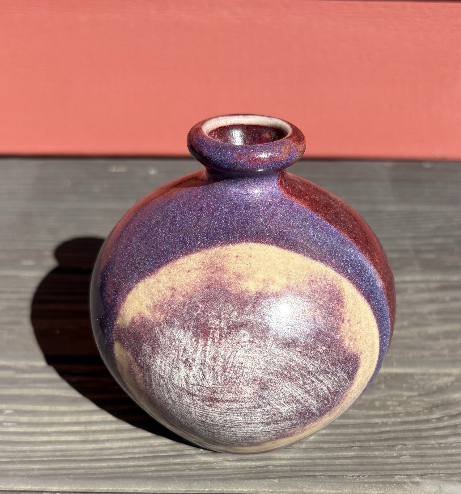 Bud Vase Artist Signed Studio Art Pottery Purple Drip Glaze Speckled Stoneware