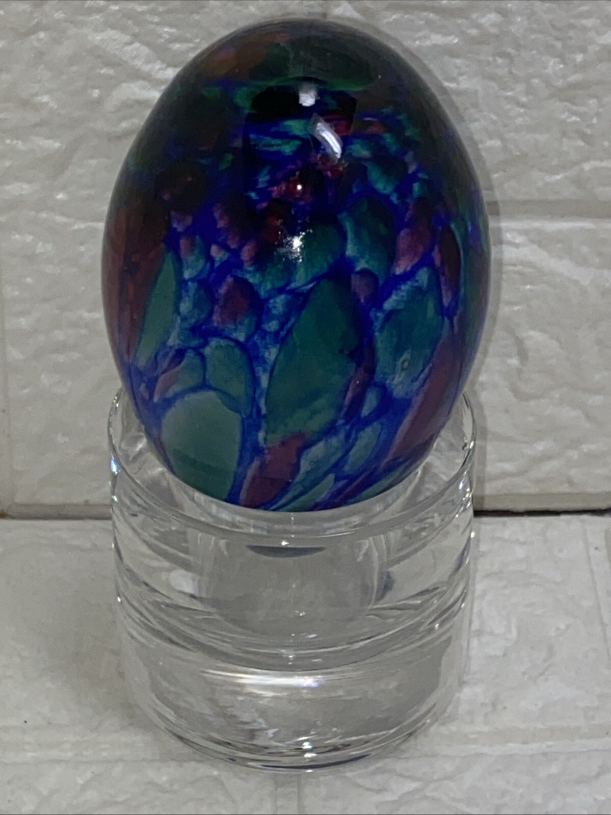 Vintage Adam JABLONSKI Art Glass Egg Shaped Paperweight Poland W/Atlantis Stand