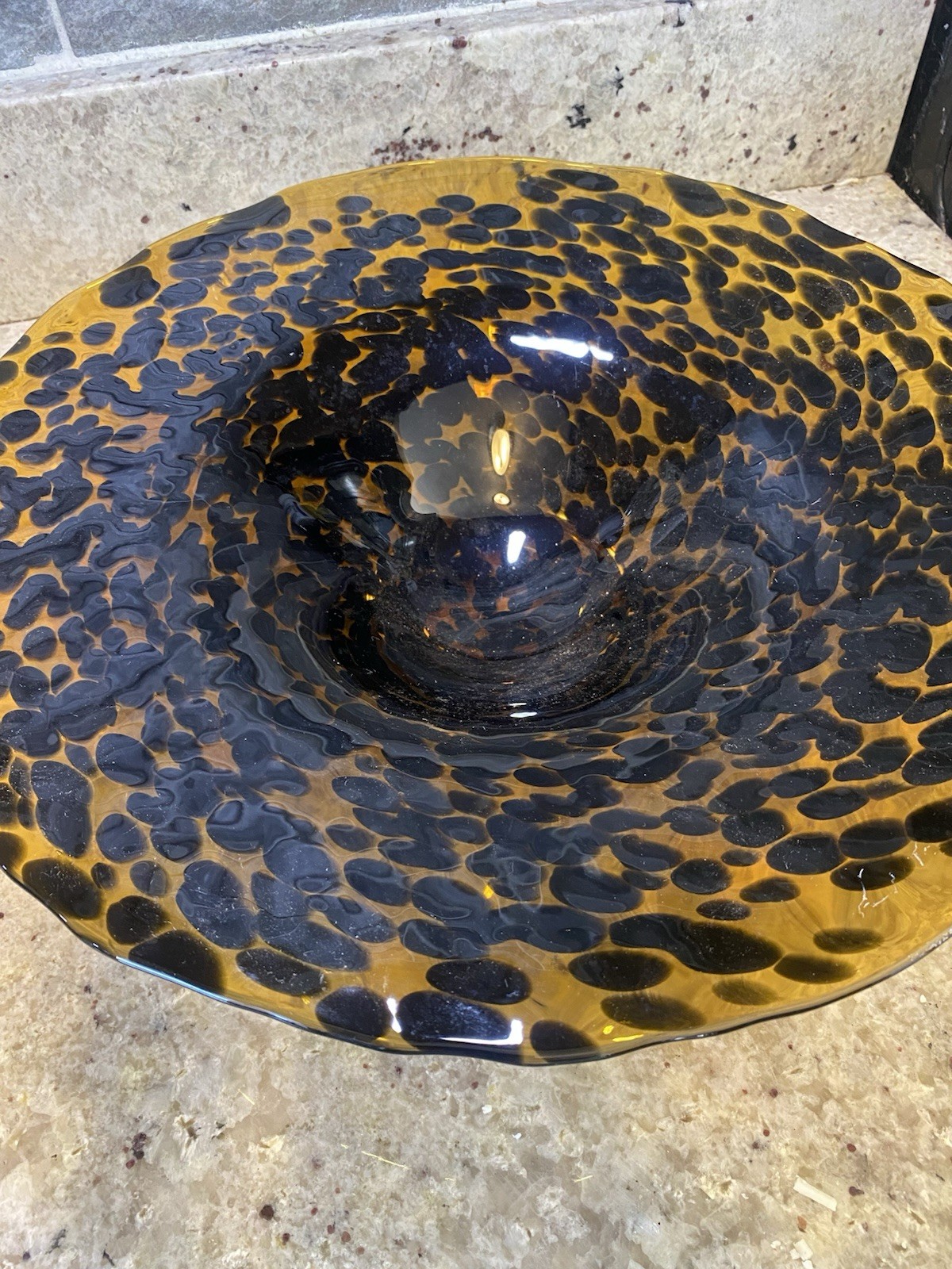 Hand Blown Art Glass ~Table Platter~Tortoise Decor, Spotted Amber.14”