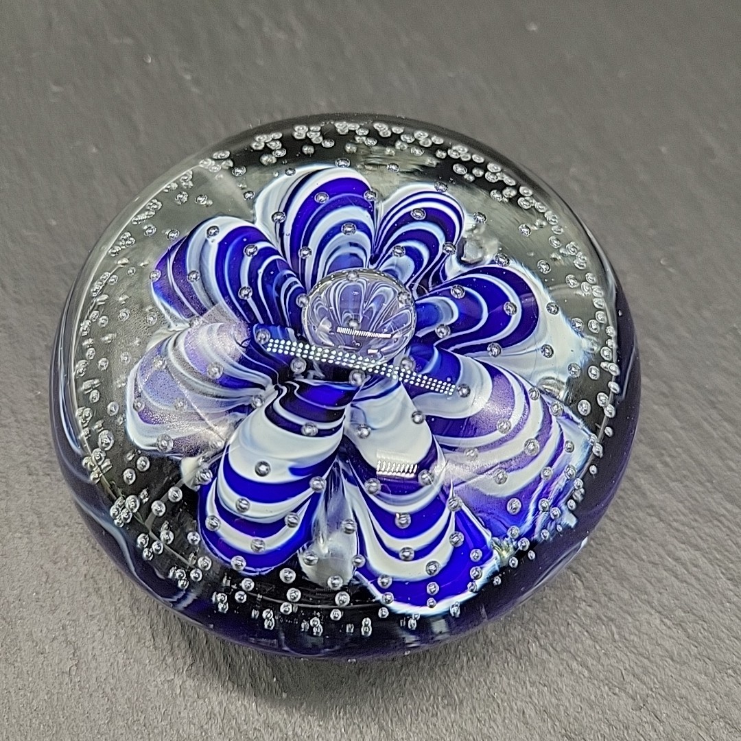Glass Paperweight – Blue + White Design with Lots of Small Bubbles 3.5″ 1lb 8oz
