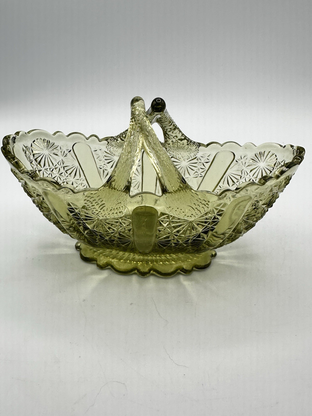 Fenton Daisy & Button Colonial Green Glass Basket Bowl Vintage 1960s
