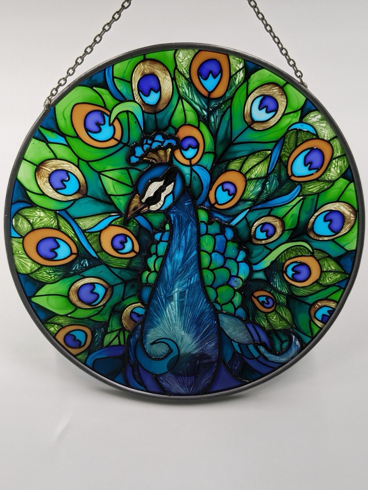 Joan Baker Designs Peacock Suncatcher 6.5″ Art Glass – NOS w/ Label Vintage 1994