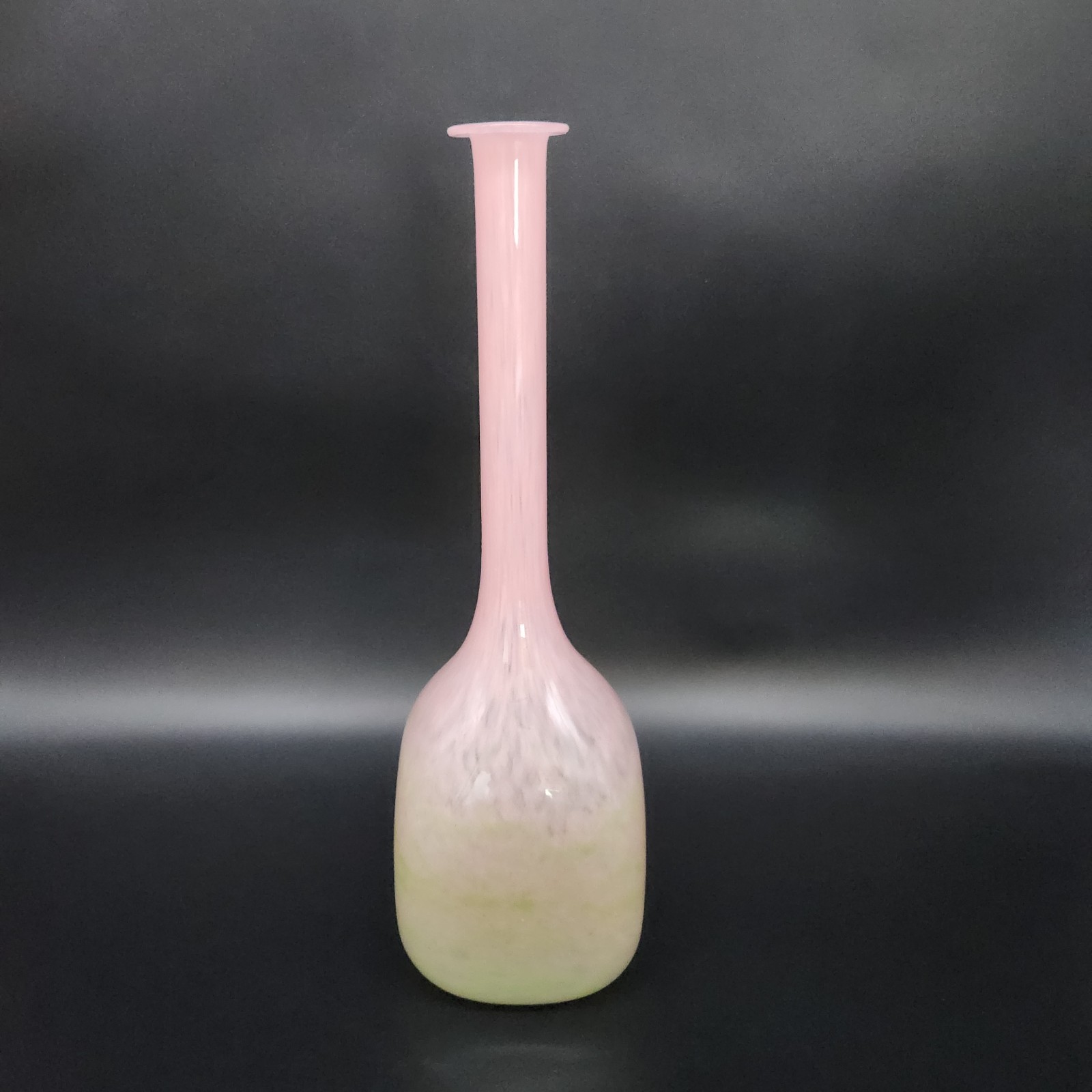 Pink Green Mottled Long Neck Art Glass Vase Home Decor 13″ Tall Square Base