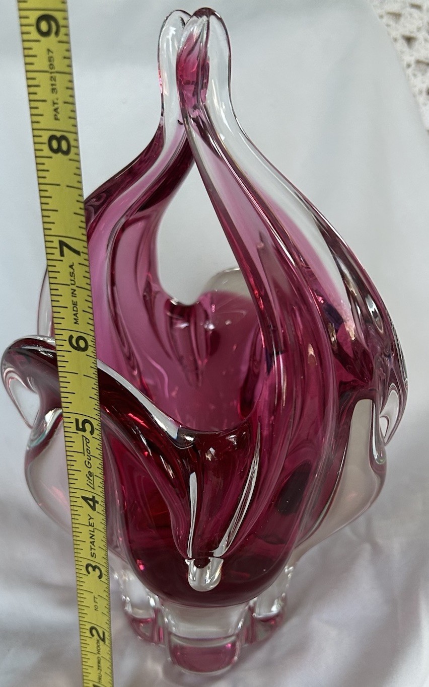 Vintage BOHEMIA Glass Handmade Czech Republic Cranberry 9” Tulip Basket Vase
