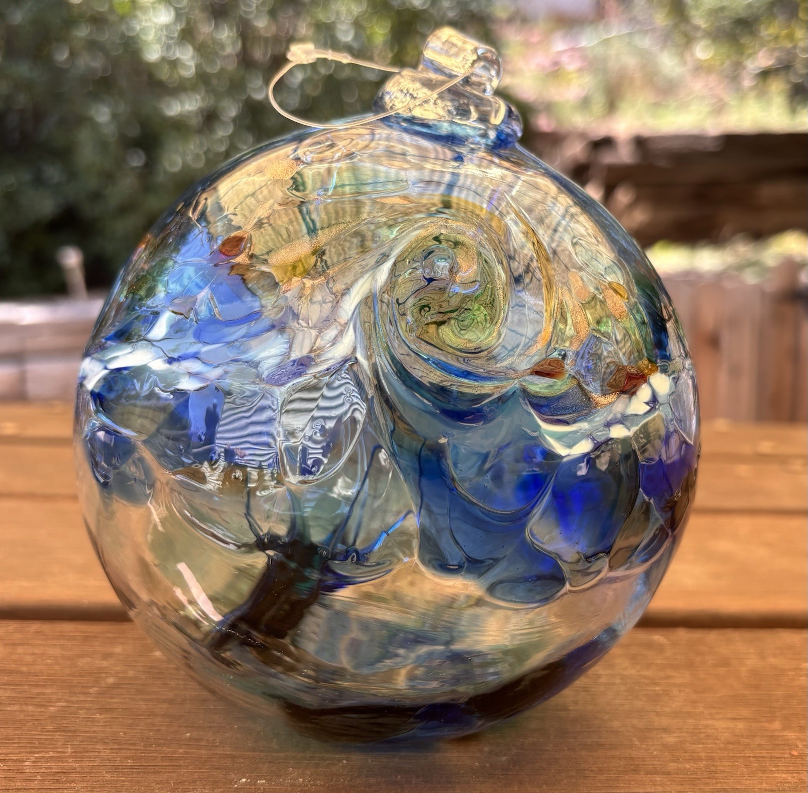 Hand Blown Art Glass Ball Blue Gold Aventurine Hanging Garden Orb Studio Glass