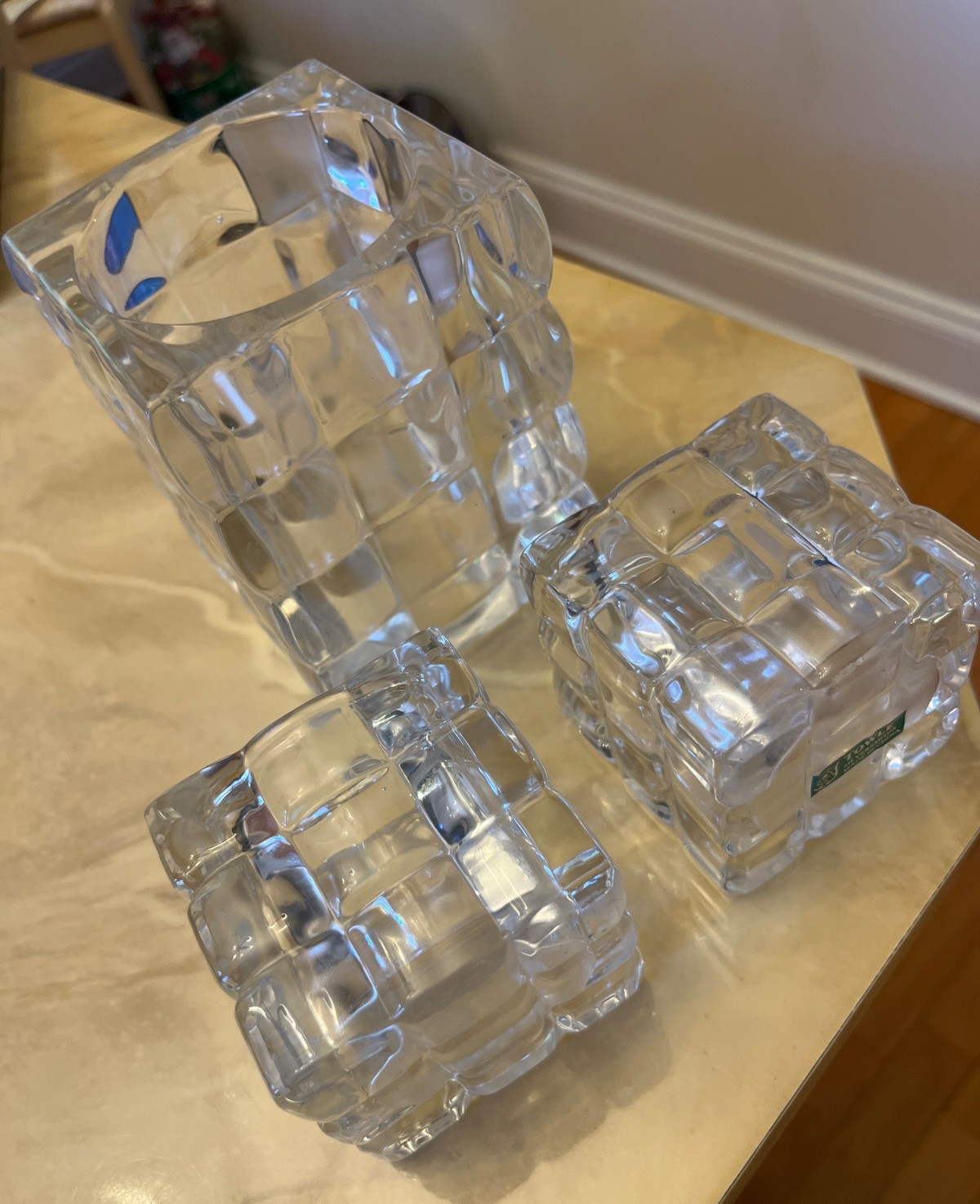 Towle Heavy Modern Cubist Crystal Vase Square set of 3 Round Candle