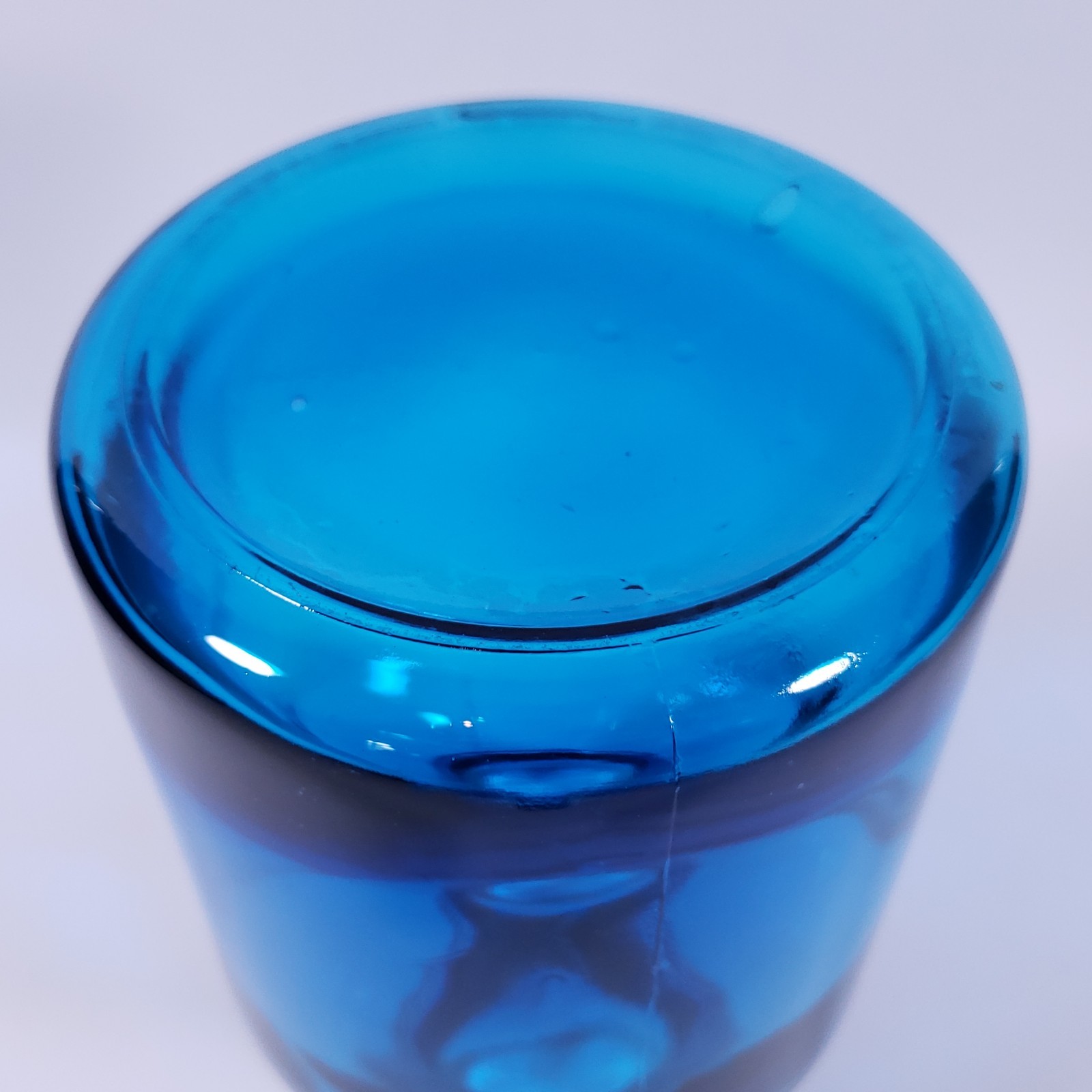LARGE MCM Aquamarine Sapphire Blue Thick Heavy Blown Art GLASS JUG BOTTLE VASE