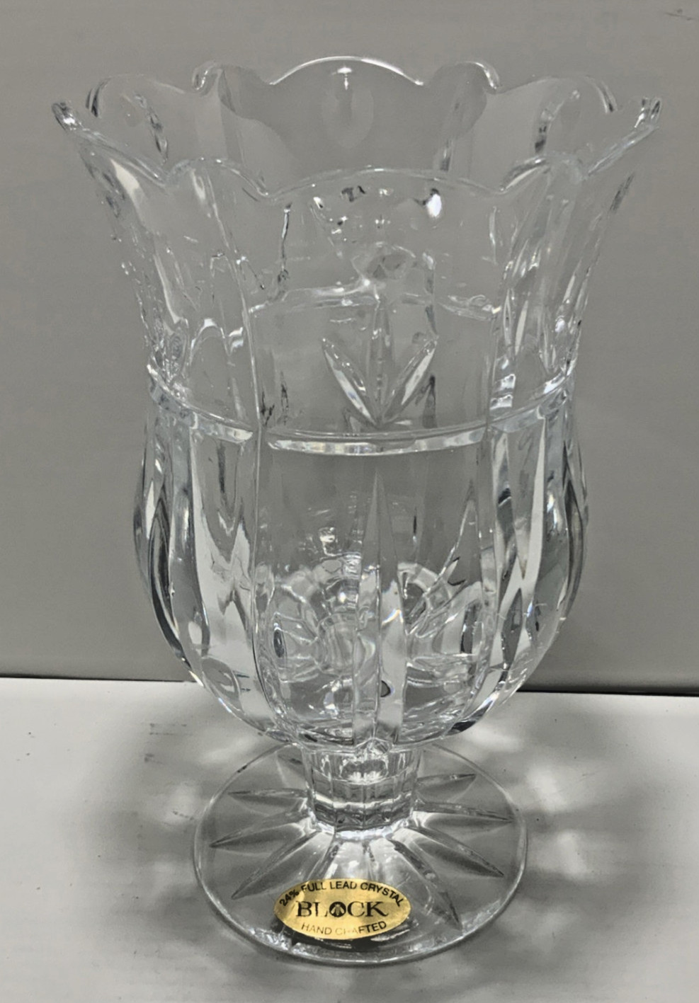 Vintage Block Lead Crystal Tulip Vase Clear Cut Glass Footed Scalloped Rim 7in