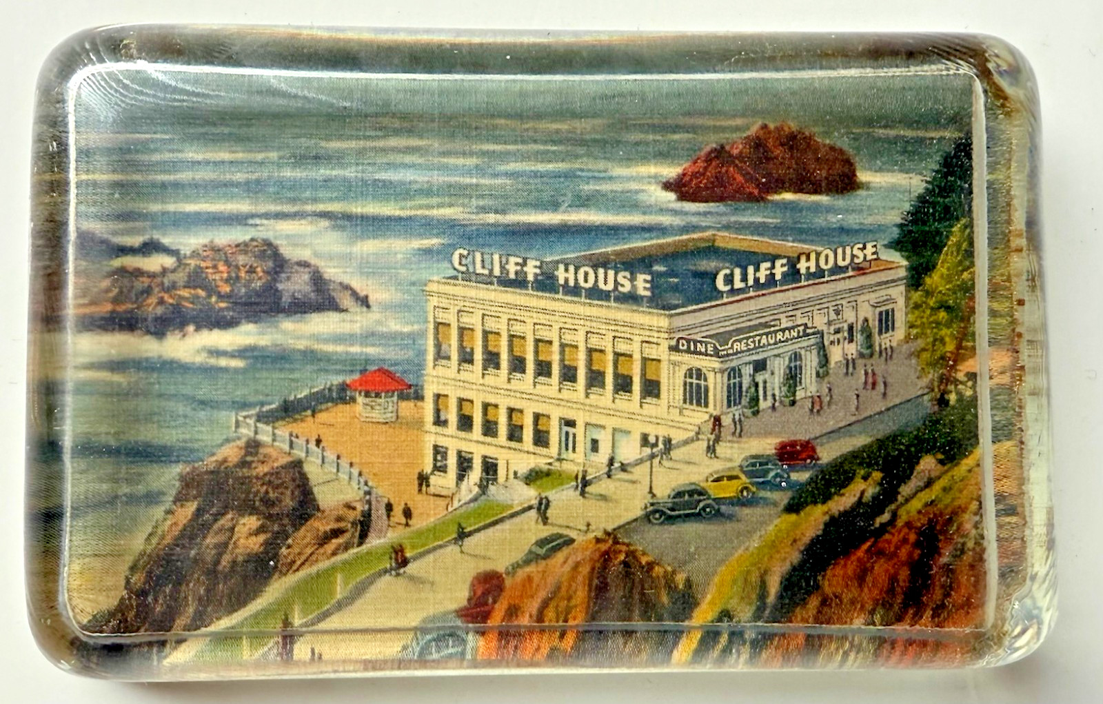 BRIGHT VINTAGE Glass Paperweight CLIFF HOUSE Restaurant San Francisco Souvenir