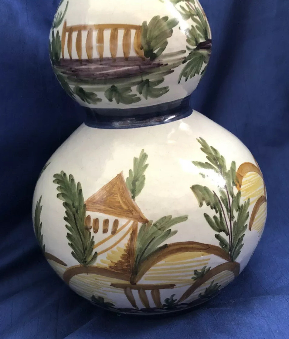 Handpainted Double Gourd Vase Marked Artist Signed Made in Portugal Vintage
