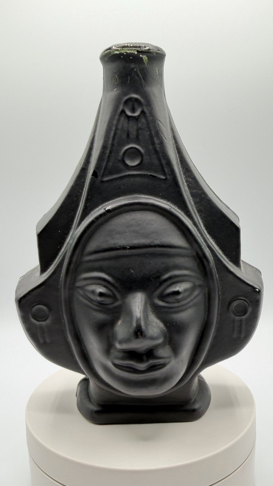 Vintage Black Glass Inca Face Pisco Bottle 6.75 Inches #5