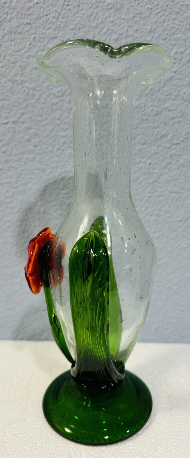 Celebration Art Glass Vase Clear Applied Red Hibiscus 10″ Bubbles Vintage