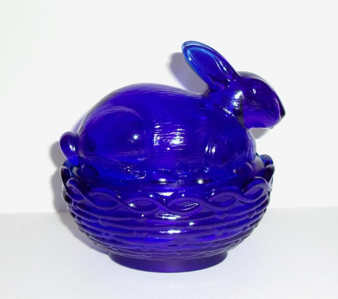 Mosser Glass Cobalt Blue Easter Bunny Rabbit Box Basket Candy Dish!