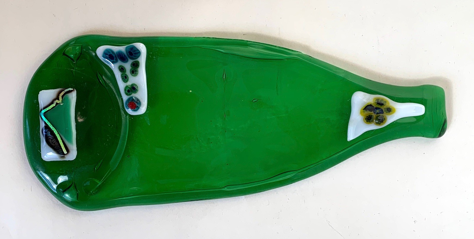 Slumped Glass Green Wine Bottle with Fused Art Glass Prunts. Cheese Server Tray
