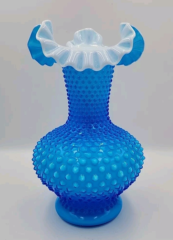 Fenton Double Crimped Colonial Blue Overlay Cased Hobnail Ruffled Vase 10 3/4″ T
