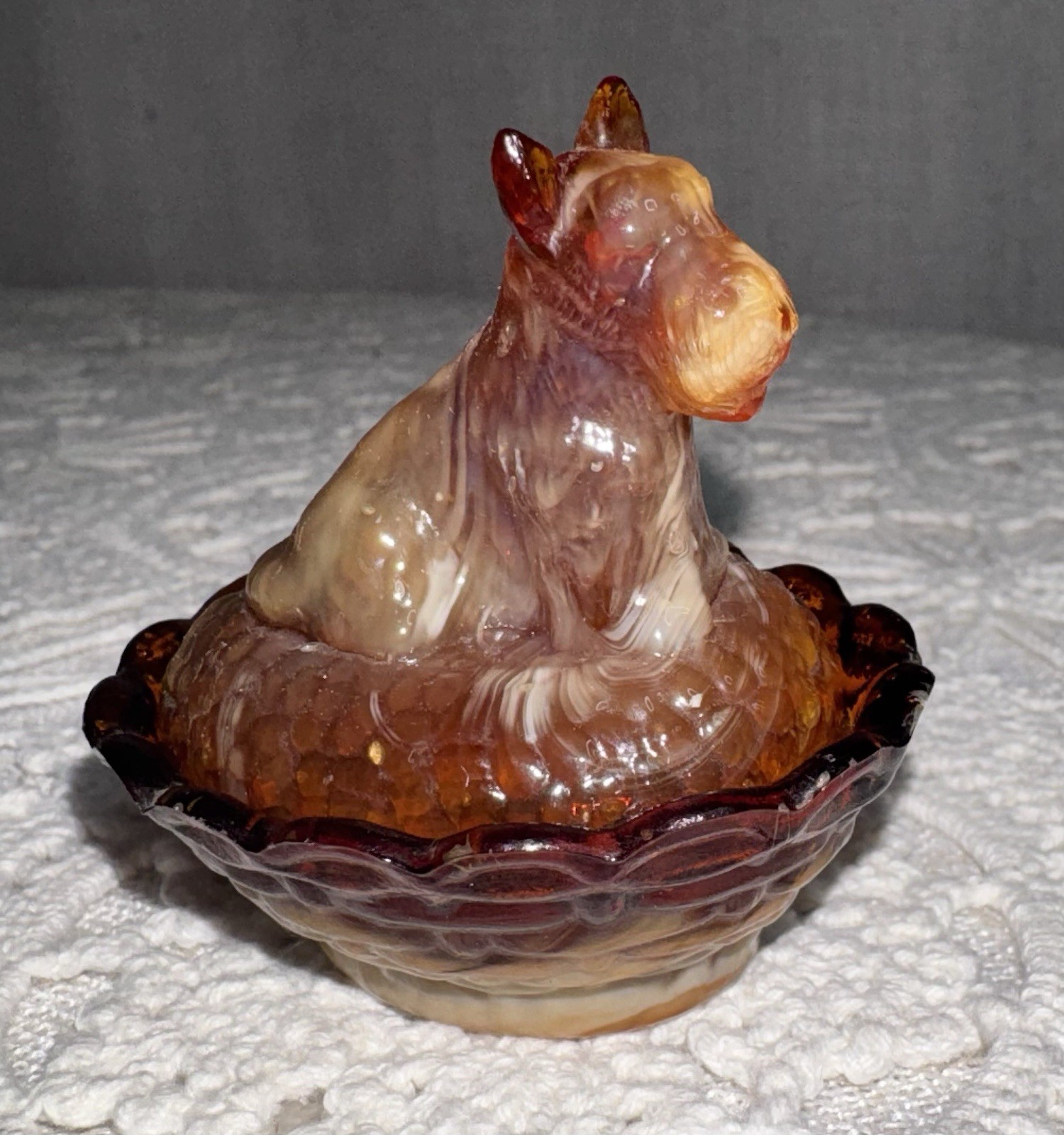 Boyd Crystal Art Glass Scottie Dog Salt NEST Mini HON Brown Swirl Slag Signed