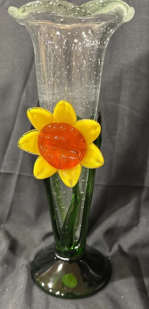Handblown Bullicante Art Glass Flower Daffodil Daisy Vase Sun Spring 9.75″