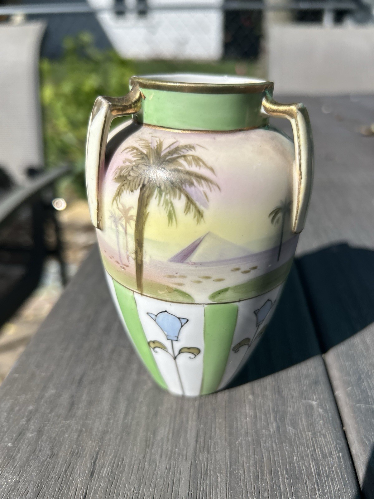 Art Nouveau 1920s Maruki Noritake Pyramid Egypt 4.5″ 3 Handled Vase Handpainted