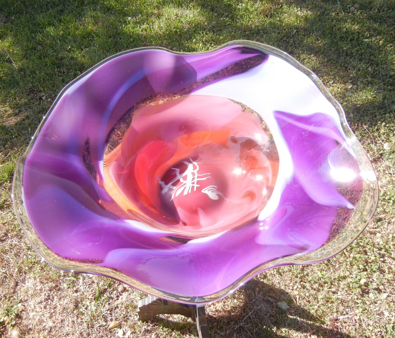 Signed Christopher Morrison 1997 Freeform Art Glass Hand-Blown Bowl 22x19x 6.5″