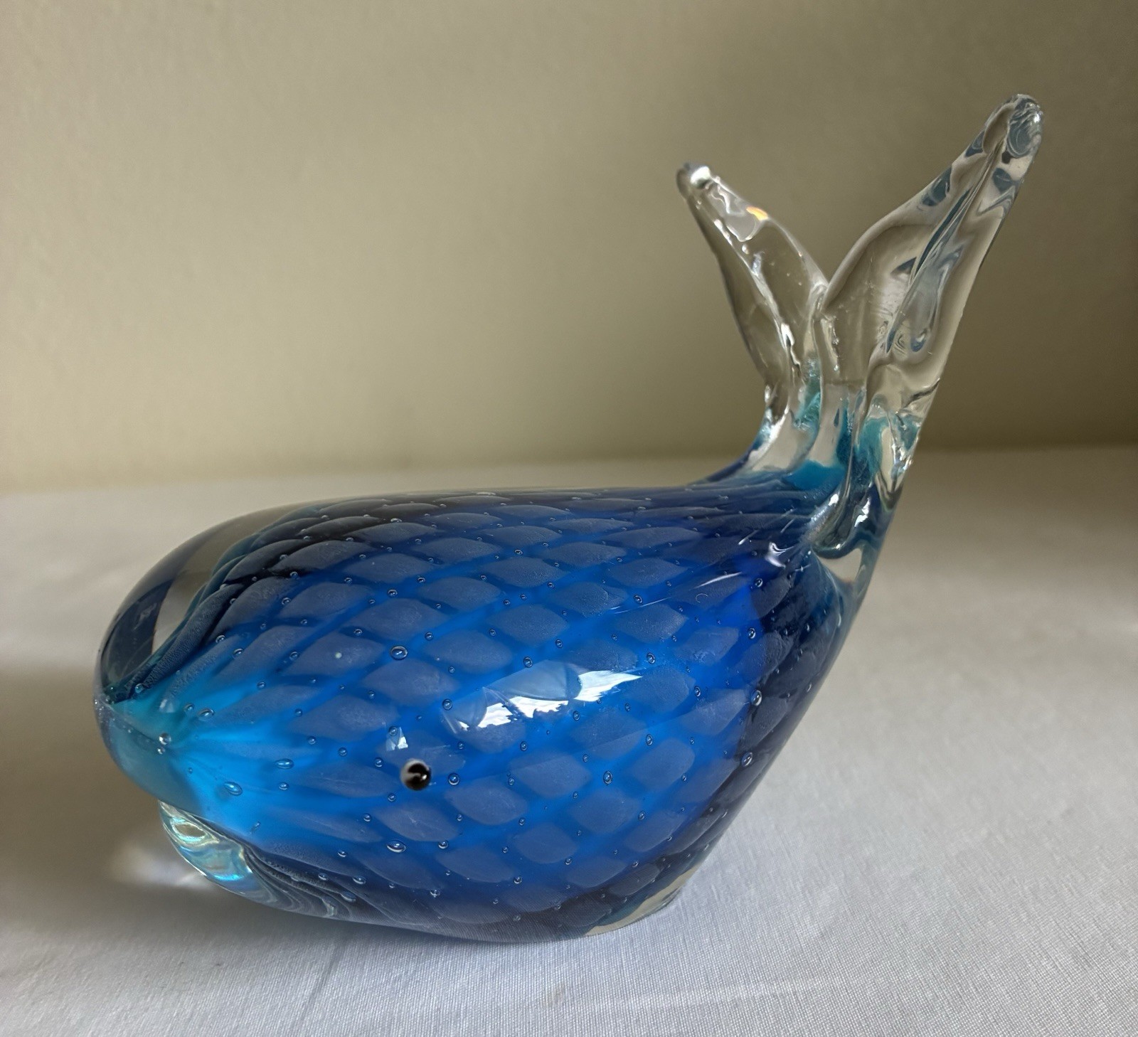 Murano Style Blown Art Glass Whale Lite Blue & Clear Paperweight Figurine 5″