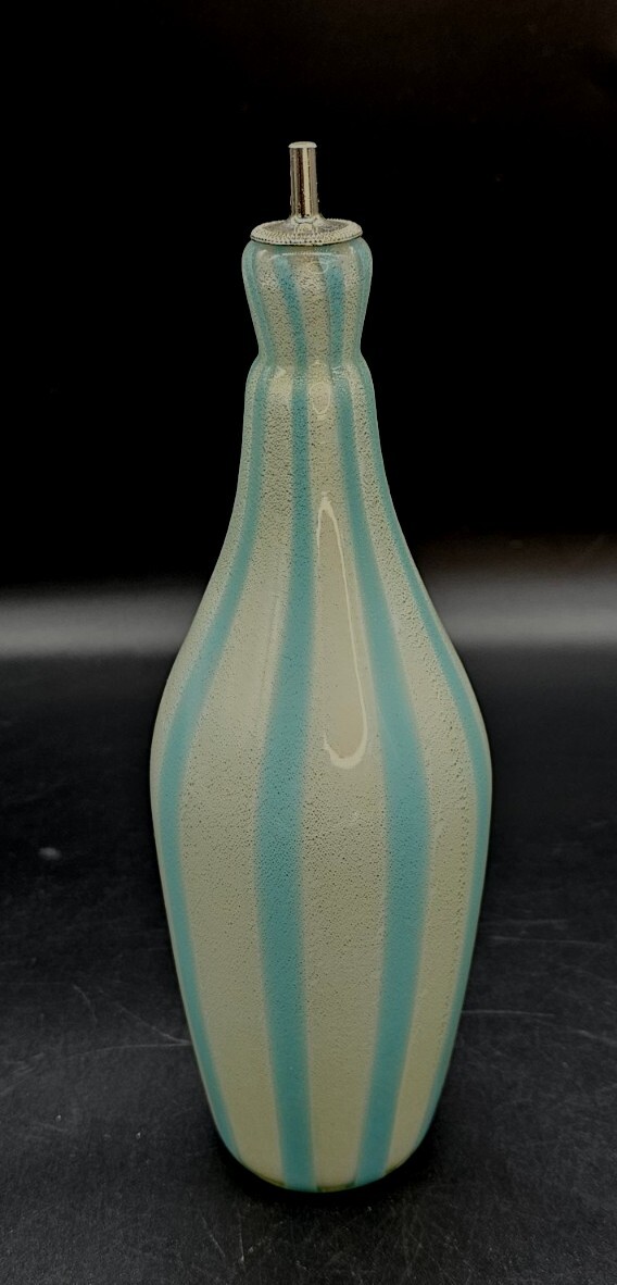1960s Murano Alfredo Barbini Hand Blown Glass Blue White Circus Tent Bottle