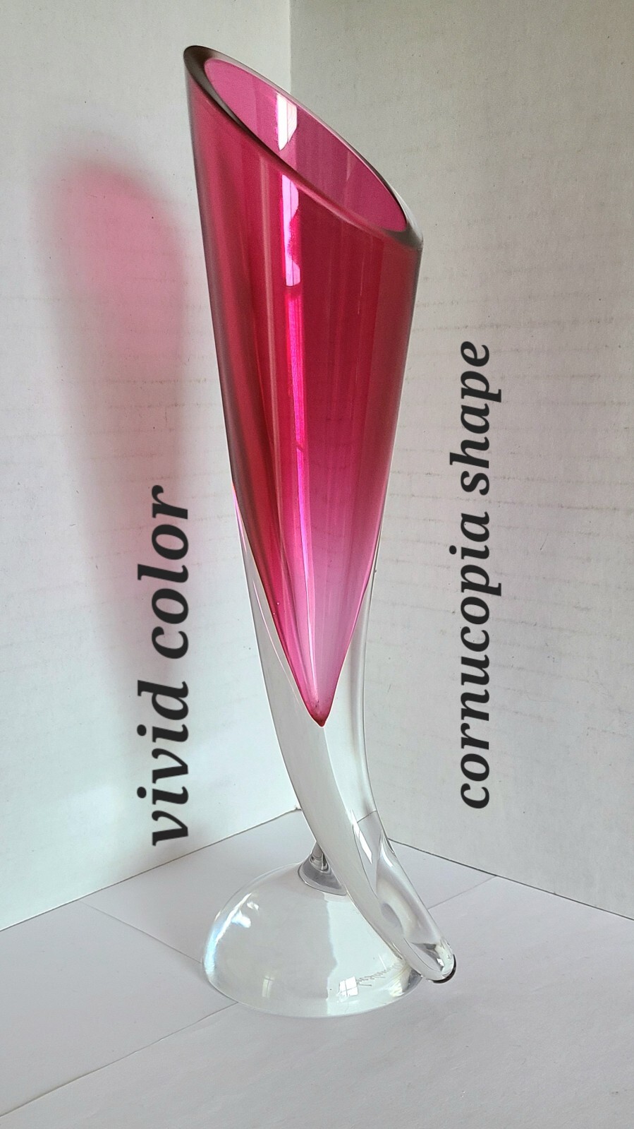 vtg CRANBERRY GLASS VASE signed Val St Lambert CORNUCOPIA art glass / free ship