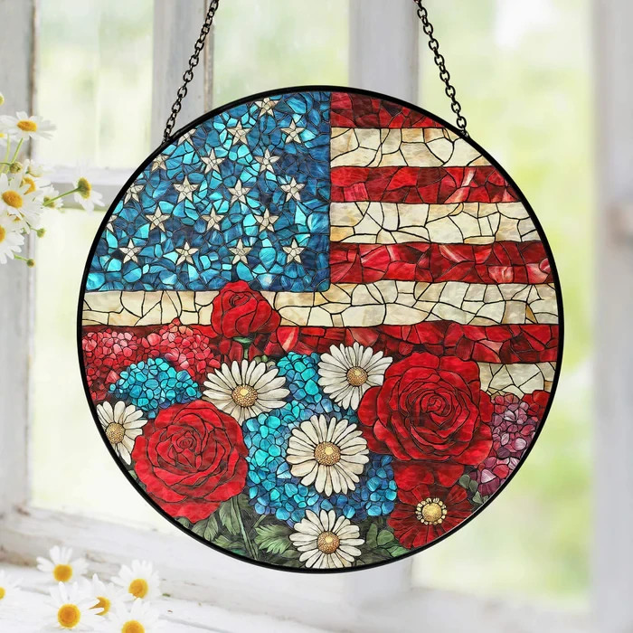 Patriotic Floral USA Flag Stained Glass Suncatcher Window Hanging Wall Art Top