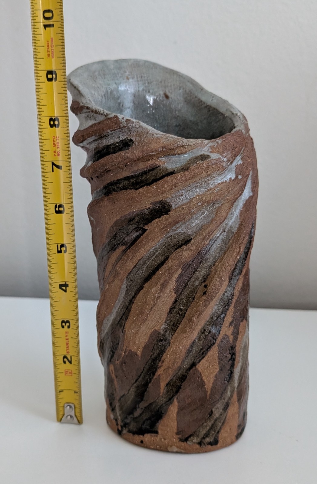 Art pottery vase textured wabi-sabi twisted coils rustic primitive brown grey