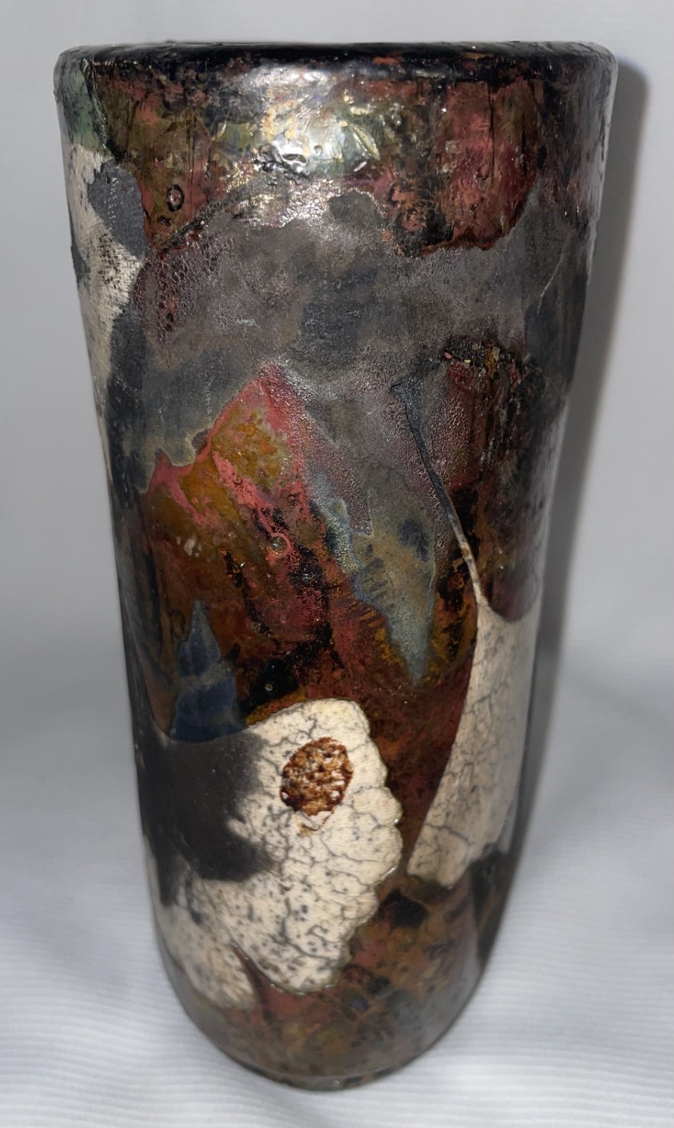 Raku Redware Signed Studio Art Pottery Vase Ginkgo Leaf Pattern
