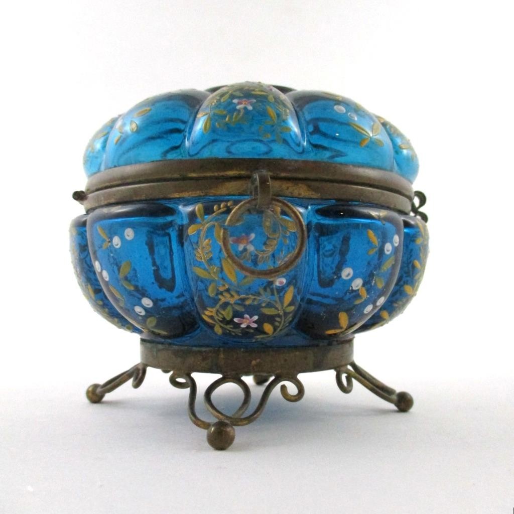 Antique JEWELRY Box – Sapphire BLUE art glass hp Enamel, brass feet – BOHEMIAN