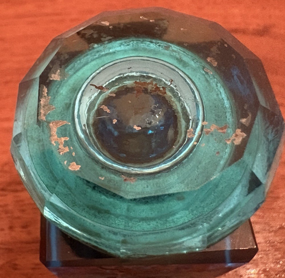 BEAUTIFUL VICTORIAN BLUE CUT GLASS INKWELL WITH PAINTED DECORATION 1880S – 1900