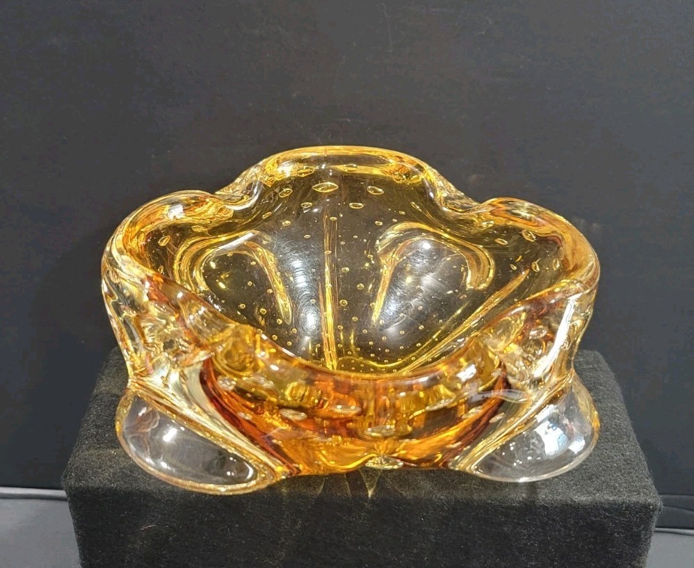 Vintage Murano Bullicante Controlled Bubble Art Glass Amber And Clear Ashtray