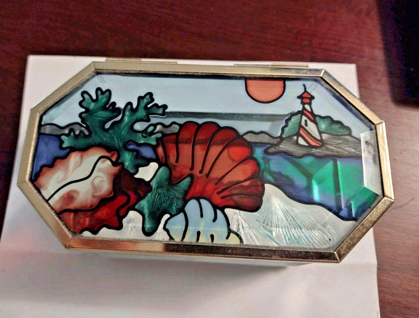 Stained Glass Brass Rim Footed Trinket Box Lighthouse Sea Waterfront Scenery