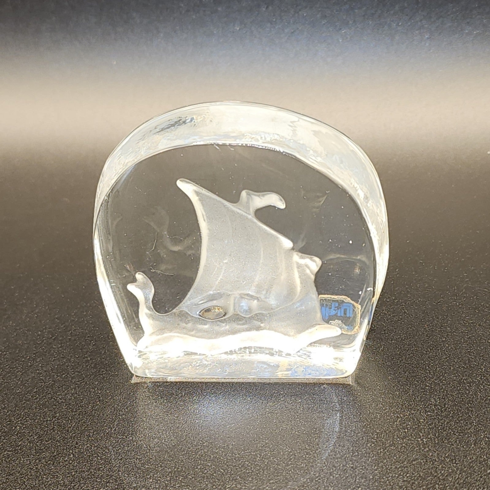 Crystal Ship Paperweight Scandinavian Glass Nybro Sweden Rune Strand Design