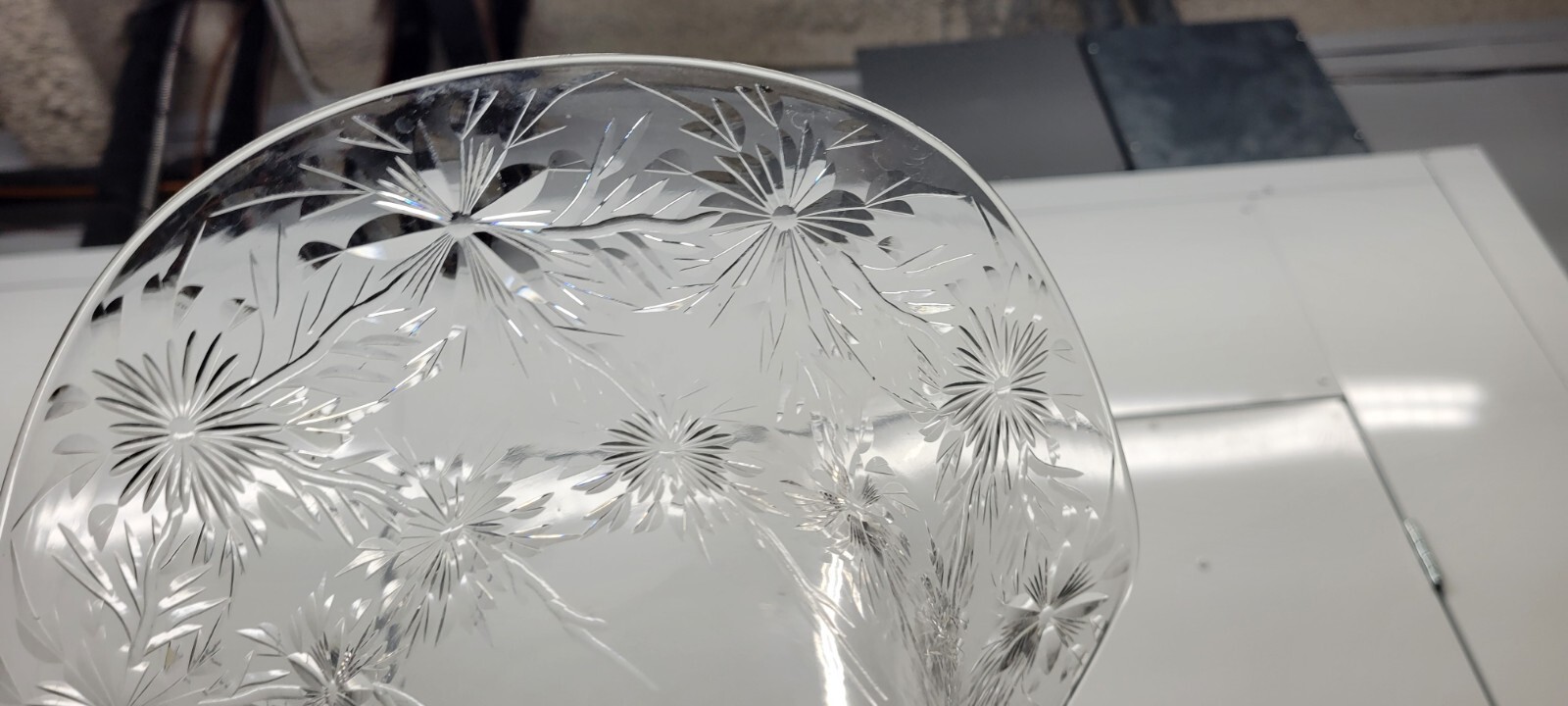 Antique Cut Crystal Glass Vase Victoria Floral Pattern Ruffle Rim # 1206