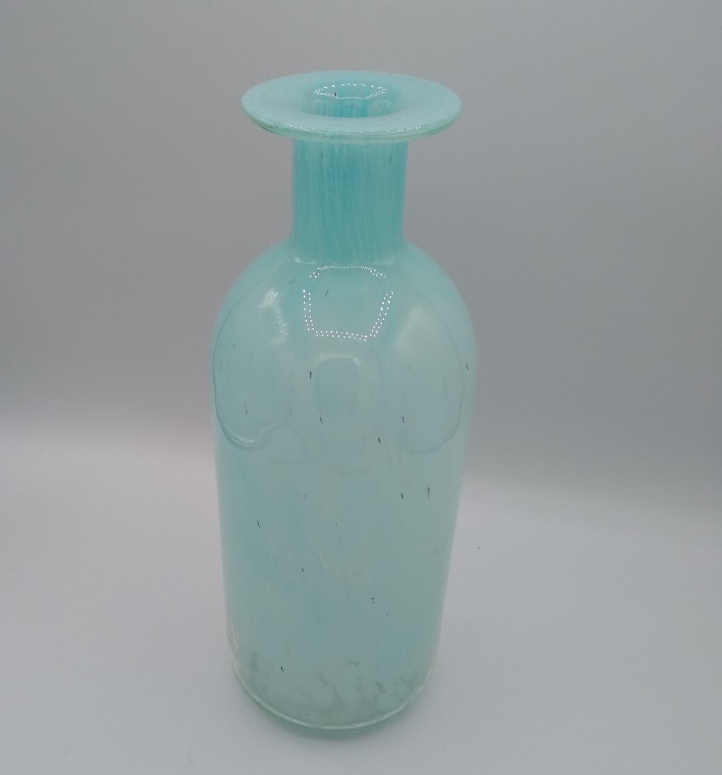 Blue Splatter Art Glass Bottle Vase 9.75″ tall, beach, coastal, cottage decor