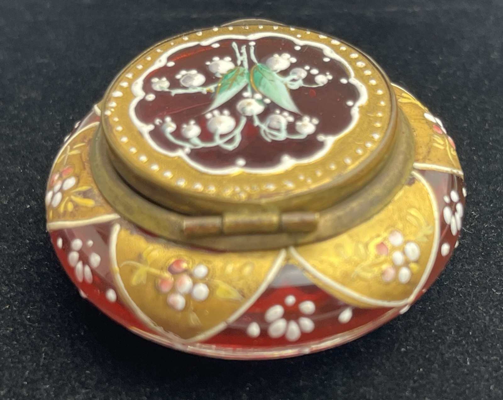 Antique Cranberry Art Glass Dresser Box Rare Lily Of The Valley Motif