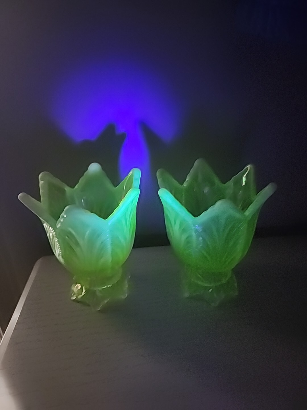 Fenton Topaz / Vaseline Opalescent Two Way Candle Holder Pair ~ GLOW ~ PERFECT!