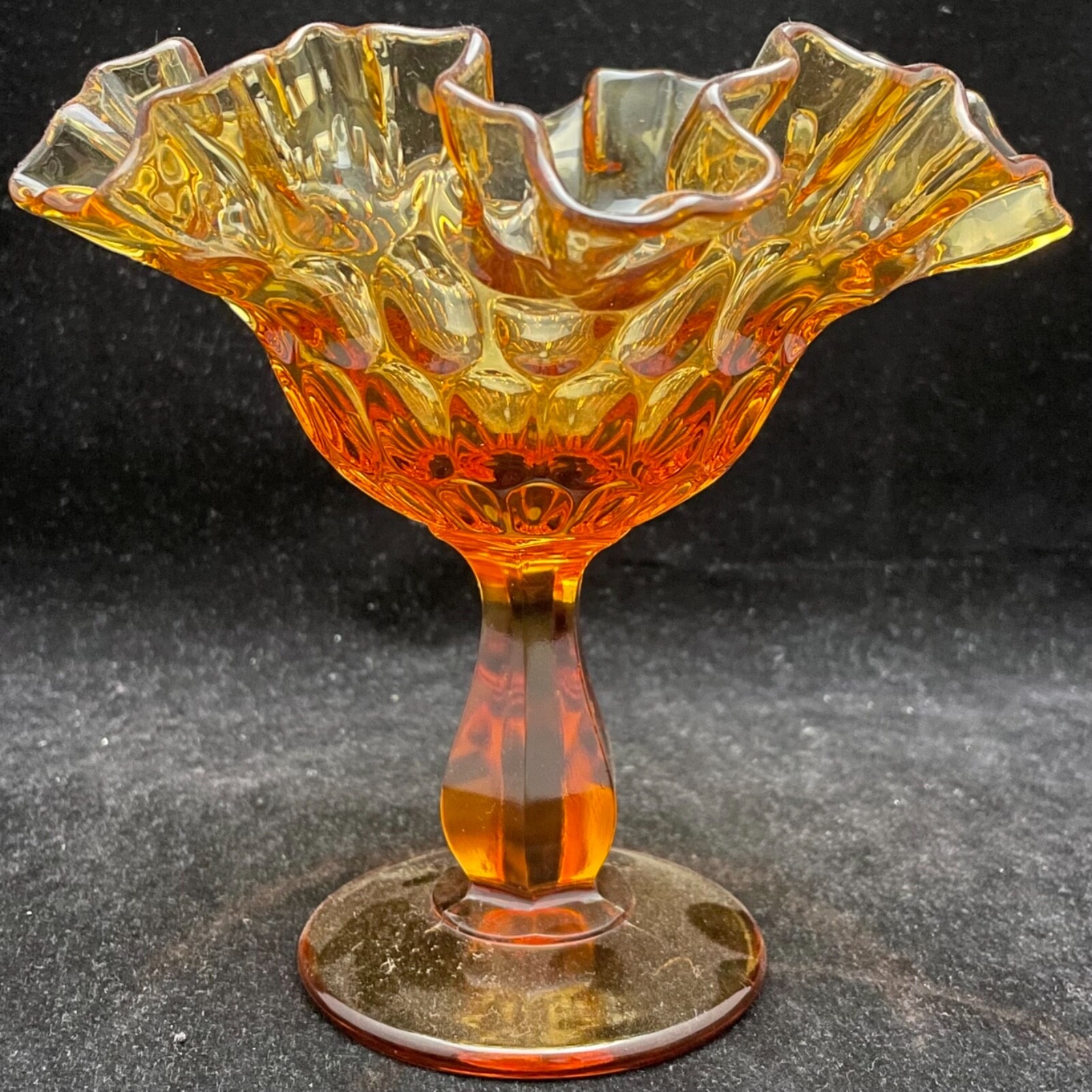 Fenton Amber Thumbprint Ruffled Compote Made in USA Art Glass 6″ Tall