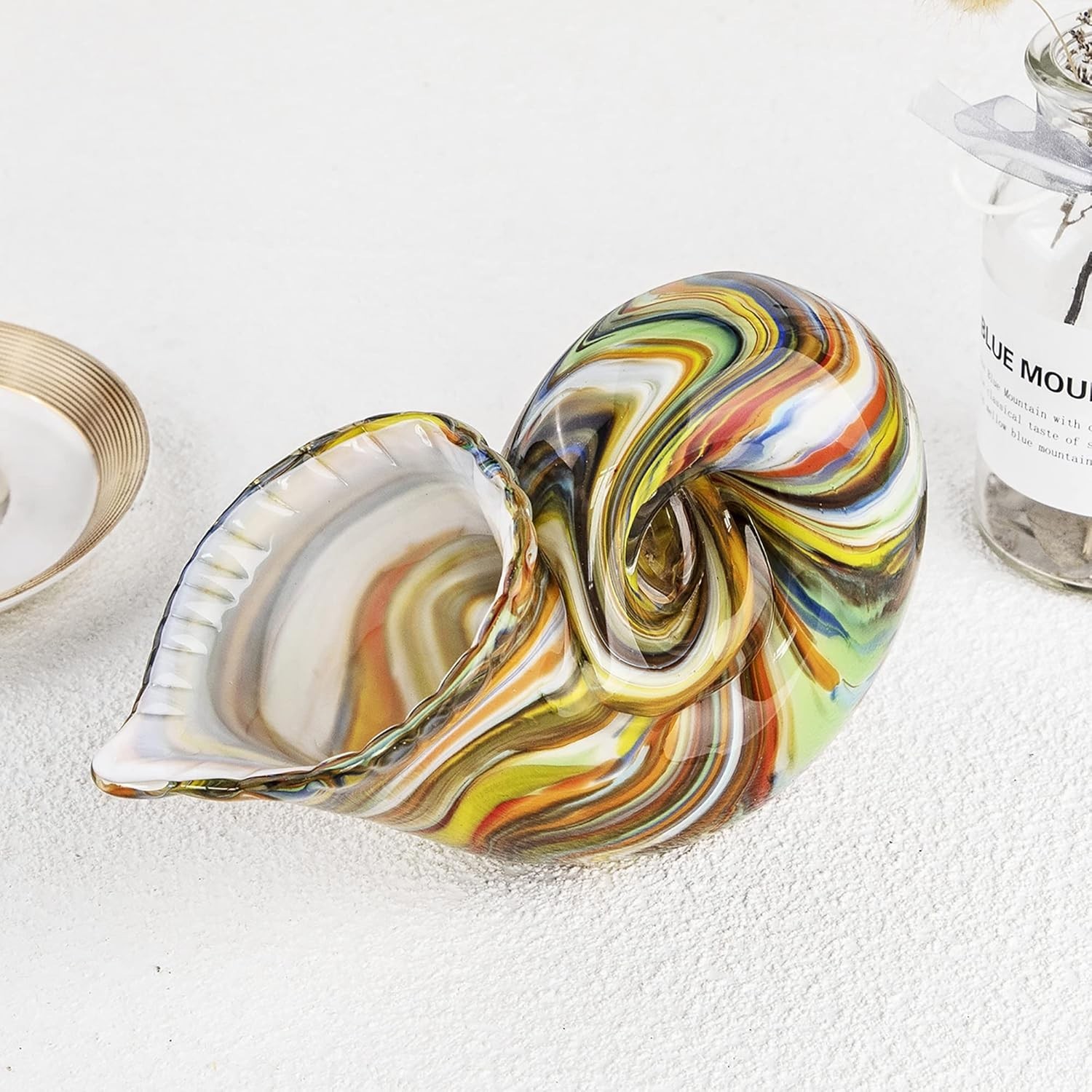 Glass Nautilus Conch Figurines, Hand Blown Seashell Art, Multicolor Glass Sculpt