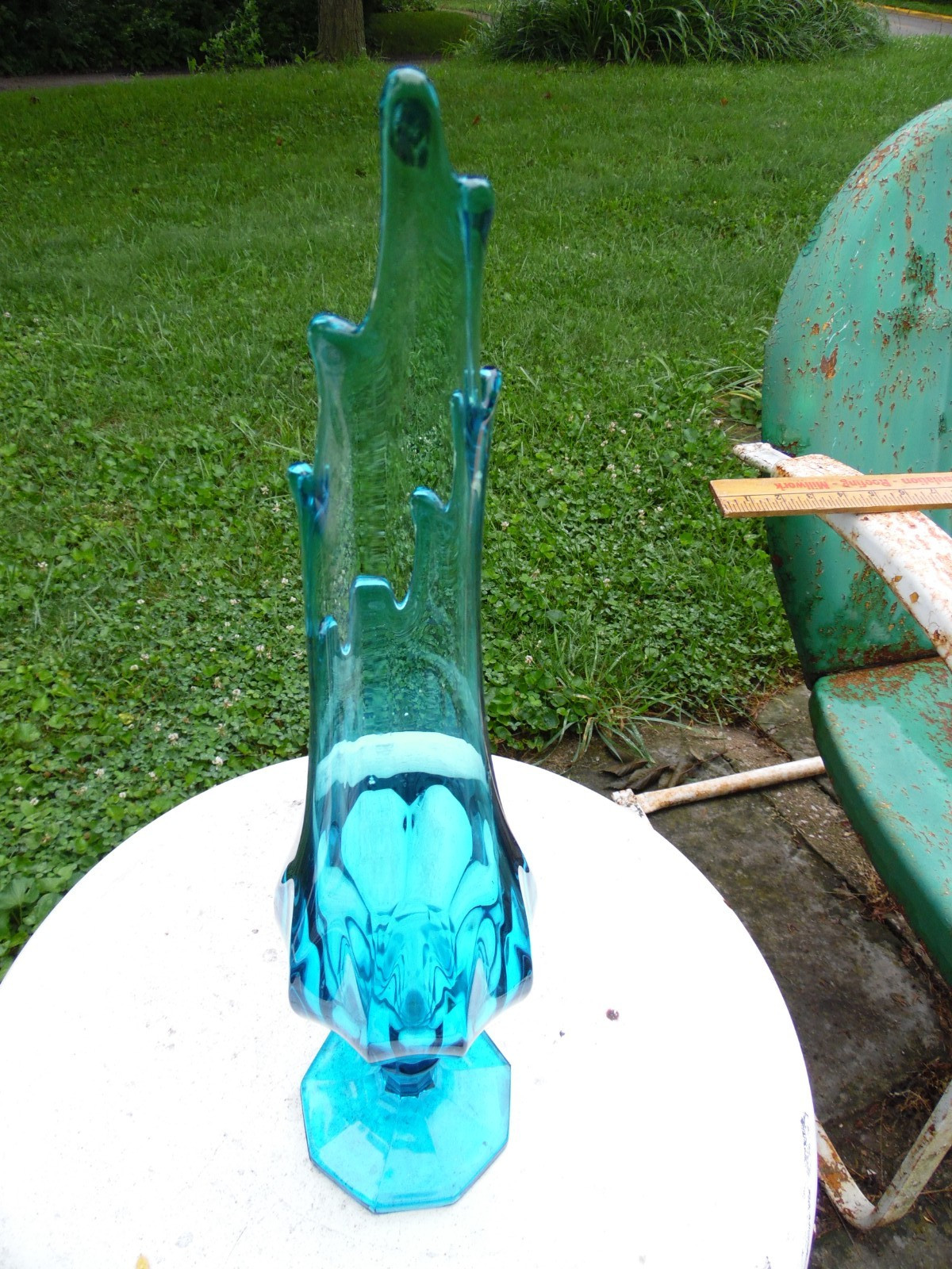 Vintage LE Smith Dominion Blue???? Pedestal Swung Viking Glass Vase Pedals 20.5”