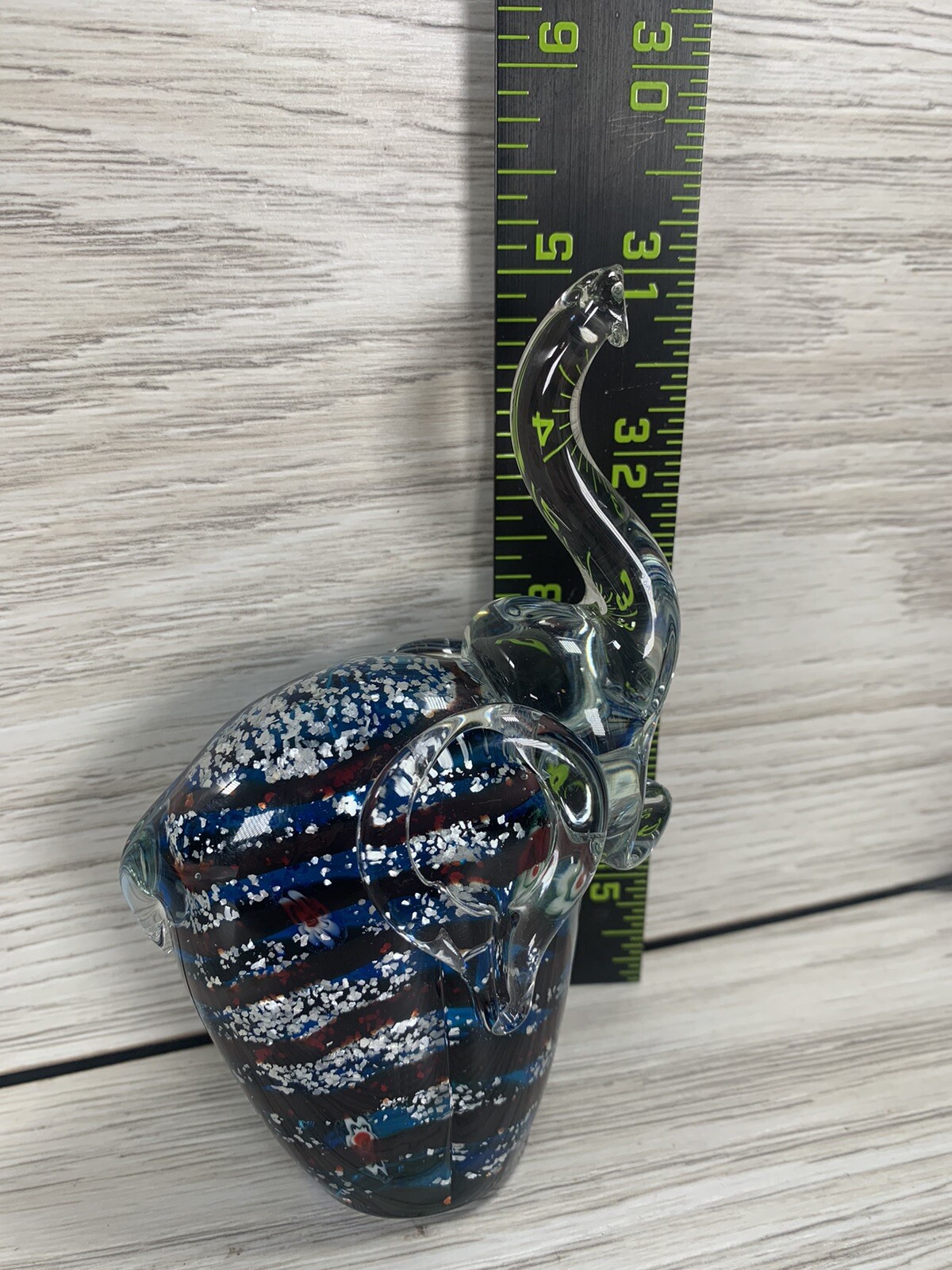 Elephant Hand Blown Glass Paperweight Patriotic Red Blue Silver Trunk Up 5”