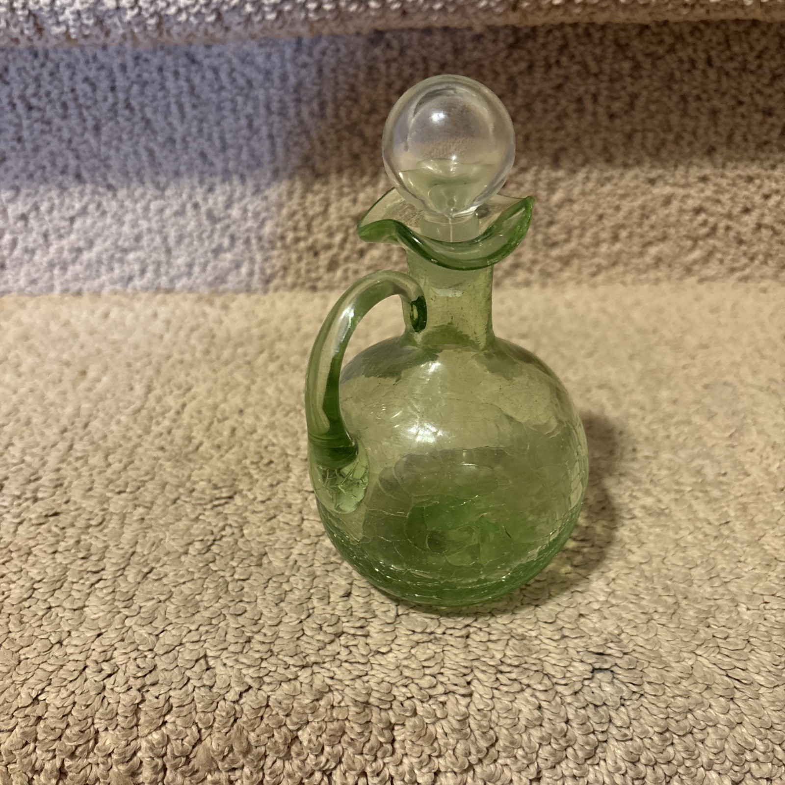 BISCHOFF Green Depression Crackle Art Glass Bottle DECANTER + Label Rare Item